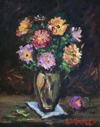  Vaso di fiori su centrino celeste- 24,3x19- Olio- Anni '50[0098]