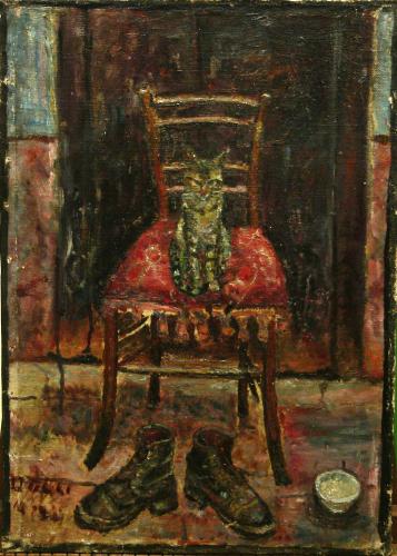 Il gatto sulla seggiola rossa- 48x34- Olio- Anni '40[0425]