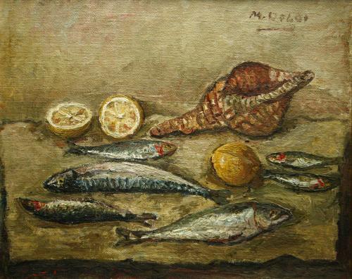 Conchiglia e sardine- 48x58- Olio- Anni '60[0370]