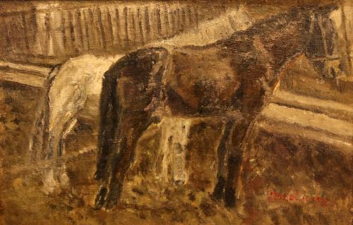 Due cavalli in stalla- 45,3x70,5- Olio- Anni '30[0499]