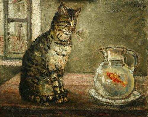  Il gatto e il pesce rosso- 40x50- Olio- Anni '60[0298]