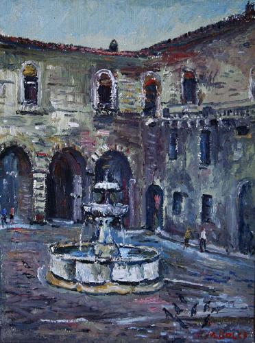  Fontana di palazzo Broletto- 40x30- Olio- Anni '80[0117]