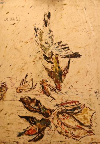 Uccelli con pesce- 71x51- Olio- Anni '50[0467]