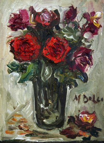  Vaso di rose rosse- 19,5x14,5- Olio- Anni '50[0097]
