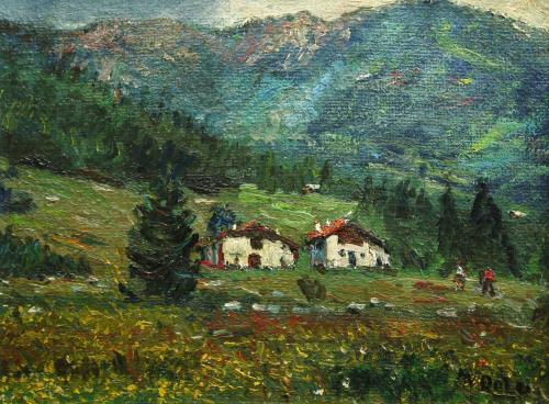 Roncone montagna fiorita, Trento- 30x40,2- Olio- Anni '80[0410]