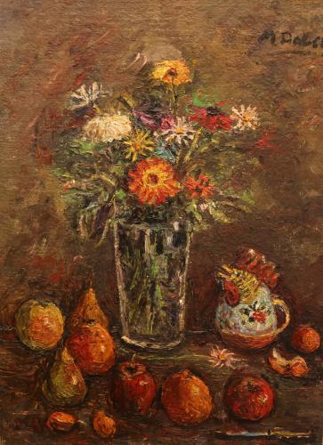 Vaso di fiori e frutta- 59x44- Olio- Anni '80[0498]