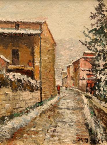 Scorcio di paese in inverno- 40x30- Olio- Anni '70[0643]