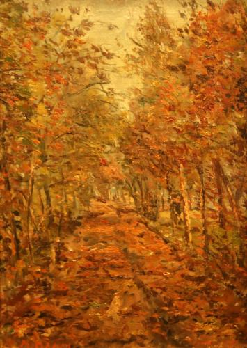 Strada d'autunno nel bosco- 36x24,5- Olio- Anni '40[0822]