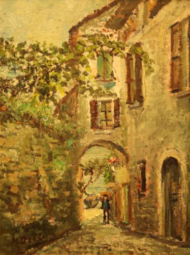 Barca dal volto di Peschiera Maraglio (lago d'Iseo)- 51x38- Olio- Anni '60[0827]