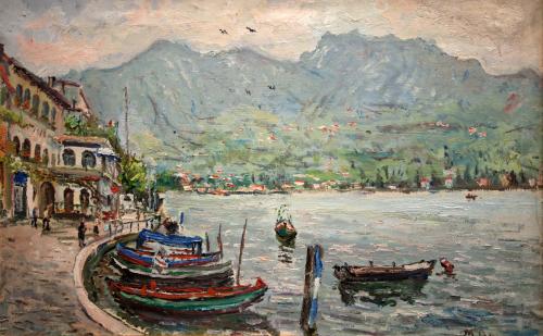 Il porto di Peschiera Maraglio- 39x61- Olio- Anni '60[0840]