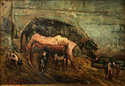 Maternità (scrofa con cinque maialini)- 26x36,5- Olio- Anni '40[0845]