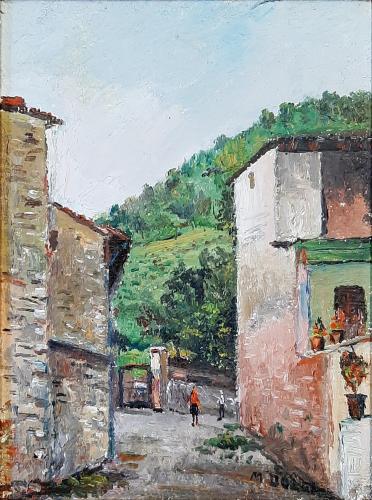 Borgo con casa rosa- 40x29,5- Olio- Anni '70[0851]