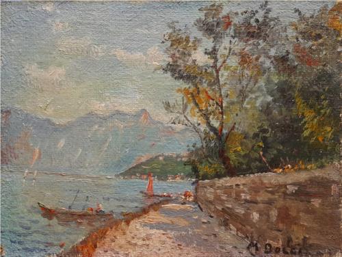 Lago d'Iseo Montisola dalla sponda bergamasca- 30x40- Olio- Anni '70[0853]