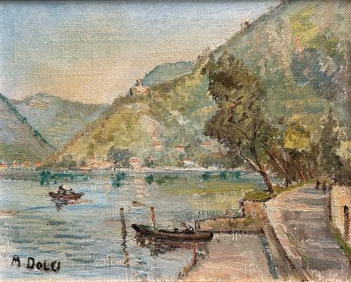 Barche a Peschiera Maraglio- 30x40- Olio- Anni '70[0856]