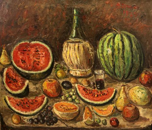 Frutta estiva con fiasco- 62x73- Olio- Anni '60[0875]