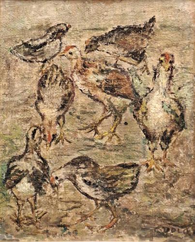 Galline nel pollaio- 40x31- Olio- Anni '30[0885]