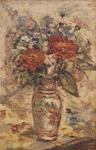 Due fiori rossi nel vaso- 40x25,5- Olio- Anni '40[0890]