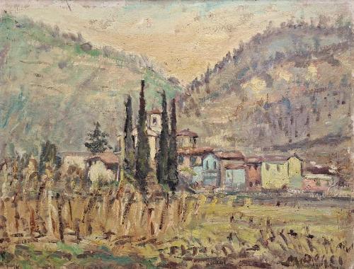 Chiesetta con cipressi- 50x66- Olio- Anni '50[0899]